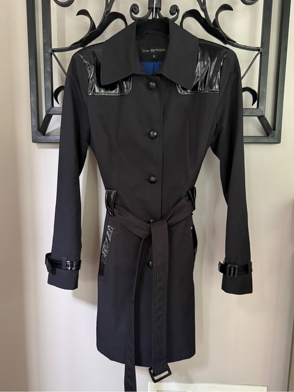 Via Spiga Black Trench Coat with Patent Trim
